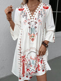 V Neck Lace Patch Print Dress