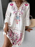 V Neck Lace Patch Print Dress