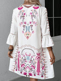 V Neck Lace Patch Print Dress