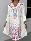 V Neck Lace Patch Print Dress