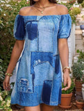 Colorblock Off Shoulder Lantern Sleeve Dress_CWDSD12018