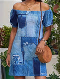 Colorblock Off Shoulder Lantern Sleeve Dress_CWDSD12018
