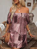 Colorblock Off Shoulder Lantern Sleeve Dress_CWDSD12018