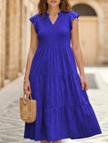 V Neck Ruffle Sleeve Midi Dress_CWDSD12027