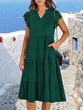 V Neck Ruffle Sleeve Midi Dress_CWDSD12027