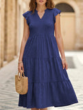 V Neck Ruffle Sleeve Midi Dress_CWDSD12027