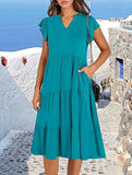 V Neck Ruffle Sleeve Midi Dress_CWDSD12027