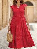 V Neck Ruffle Sleeve Midi Dress_CWDSD12027