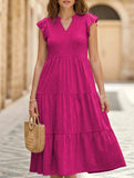 V Neck Ruffle Sleeve Midi Dress_CWDSD12027