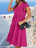 V Neck Ruffle Sleeve Midi Dress_CWDSD12027