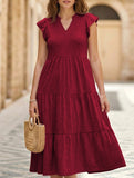 V Neck Ruffle Sleeve Midi Dress_CWDSD12027