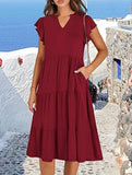 V Neck Ruffle Sleeve Midi Dress_CWDSD12027