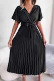 WOMEN CAPE SLEEVE TIED WAIST PLEATED LONG DRESS - Doublju