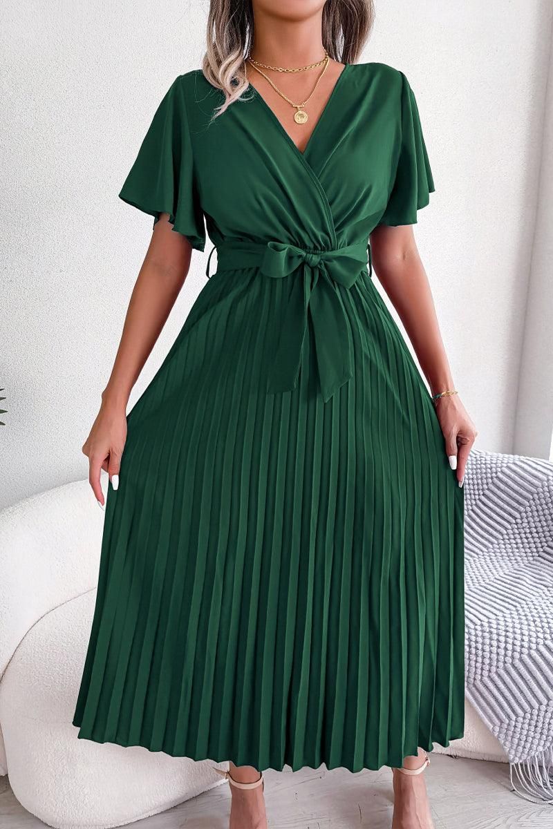 WOMEN CAPE SLEEVE TIED WAIST PLEATED LONG DRESS - Doublju