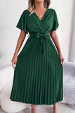 WOMEN CAPE SLEEVE TIED WAIST PLEATED LONG DRESS - Doublju