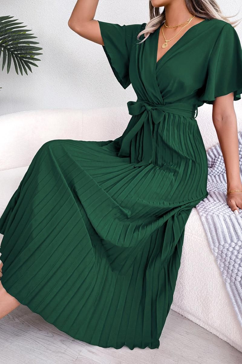 WOMEN CAPE SLEEVE TIED WAIST PLEATED LONG DRESS - Doublju