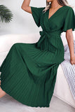 WOMEN CAPE SLEEVE TIED WAIST PLEATED LONG DRESS - Doublju