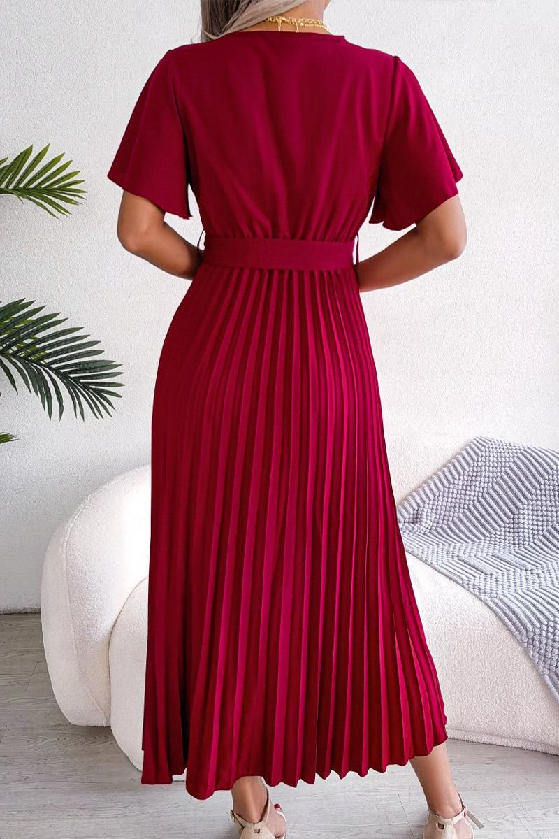 WOMEN CAPE SLEEVE TIED WAIST PLEATED LONG DRESS - Doublju