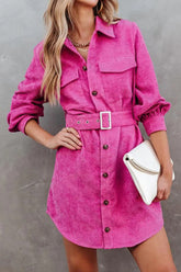WOMEN BUTTON DOWN CORDUROY BELTED SHORT DRESS