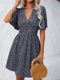 V-Neck High-Waisted Floral Pleated Dress – Lightweight Polyester, S–XXL