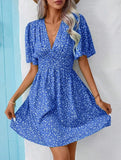 V-Neck High-Waisted Floral Pleated Dress – Lightweight Polyester, S–XXL