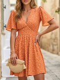 V-Neck High-Waisted Floral Pleated Dress – Lightweight Polyester, S–XXL
