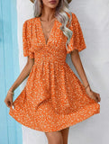V-Neck High-Waisted Floral Pleated Dress – Lightweight Polyester, S–XXL