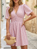 V-Neck High-Waisted Floral Pleated Dress – Lightweight Polyester, S–XXL