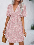 V-Neck High-Waisted Floral Pleated Dress – Lightweight Polyester, S–XXL