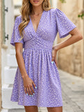 V-Neck High-Waisted Floral Pleated Dress – Lightweight Polyester, S–XXL