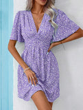 V-Neck High-Waisted Floral Pleated Dress – Lightweight Polyester, S–XXL