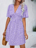 V-Neck High-Waisted Floral Pleated Dress – Lightweight Polyester, S–XXL