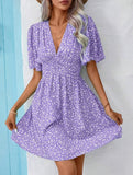 V-Neck High-Waisted Floral Pleated Dress – Lightweight Polyester, S–XXL