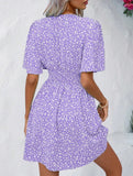 V-Neck High-Waisted Floral Pleated Dress – Lightweight Polyester, S–XXL