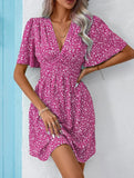 V-Neck High-Waisted Floral Pleated Dress – Lightweight Polyester, S–XXL