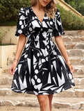 Temperament Printed Skirt Dress with Waist and V-Neck ??Elegant Chiffon Summer Dress