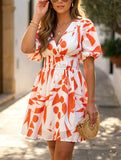 Temperament Printed Skirt Dress with Waist and V-Neck ??Elegant Chiffon Summer Dress