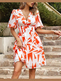 Temperament Printed Skirt Dress with Waist and V-Neck ??Elegant Chiffon Summer Dress