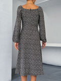 LONG-SLEEVED FLORAL SQUARE COLLAR FRENCH DRESS