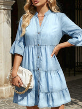 Solid Color Washed Cotton Five-Quarter Sleeve A-line Denim Dress