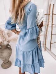 Solid Color Washed Cotton Five-Quarter Sleeve A-line Denim Dress