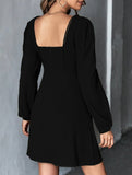 Lace Patchwork Dress with Square Neck and A-Line Fit