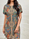 Printed Holiday Style Short Sleeve Dress ??Lightweight Polyester, S?“XXL