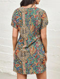 Printed Holiday Style Short Sleeve Dress ??Lightweight Polyester, S?“XXL