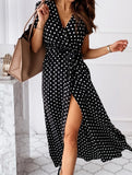 Bohemian V-Neck Polka Dot Dress – Short Sleeve, Flowy Fit, S–3XL