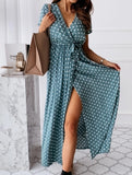 Bohemian V-Neck Polka Dot Dress ??Short Sleeve, Flowy Fit, S??XL