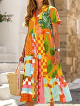 Bohemian High-Waisted Colorblock Midi Dress ??Casual Viscose Lyocell Blend