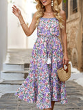 Layered Floral Print Maxi Dress with Drawstring Waist – Casual Summer Dress