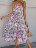 Layered Floral Print Maxi Dress with Drawstring Waist – Casual Summer Dress