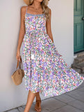 Layered Floral Print Maxi Dress with Drawstring Waist – Casual Summer Dress